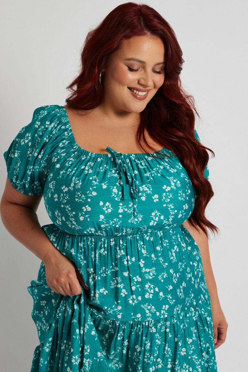 Green Ditsy Midi Dress Short Sleeve Ruched Bust You All