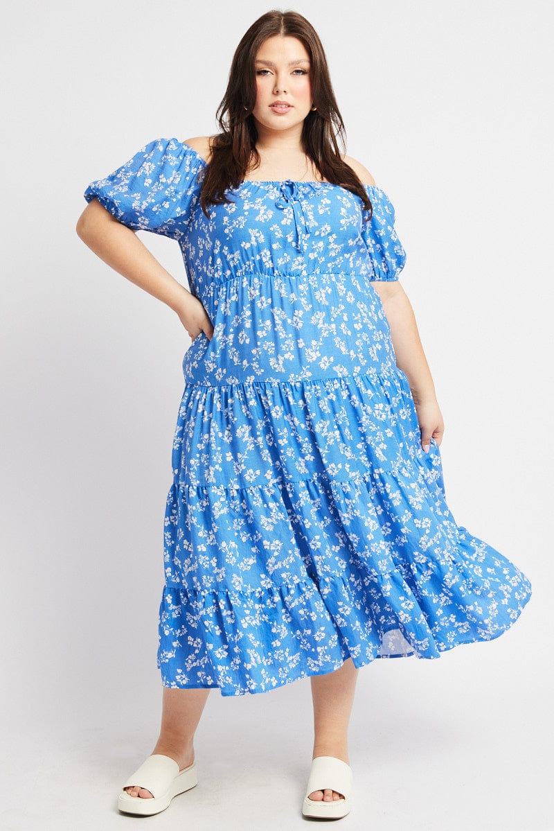 Blue Ditsy Midi Dress Short Sleeve Tiered for YouandAll Fashion