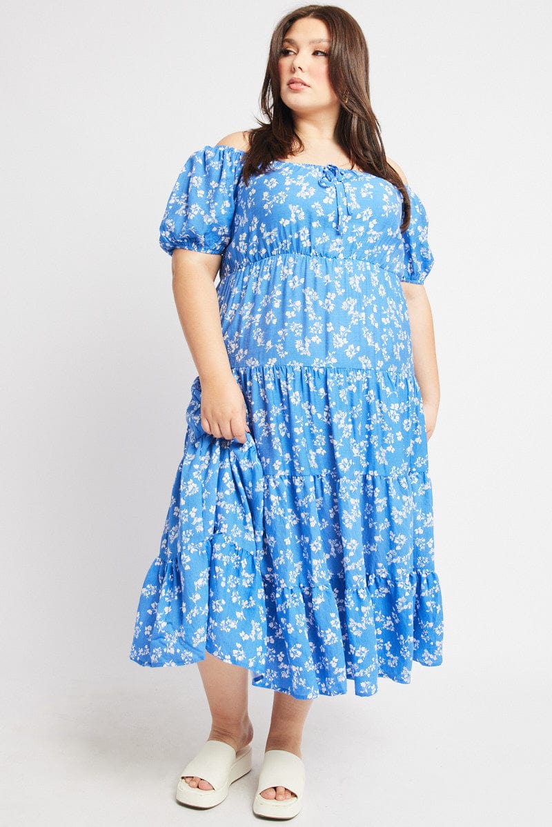 Blue Ditsy Midi Dress Short Sleeve Tiered for YouandAll Fashion