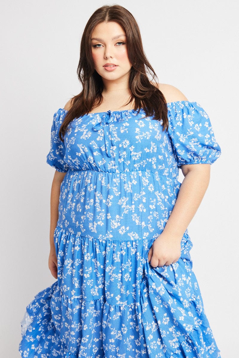 Blue Ditsy Midi Dress Short Sleeve Tiered for YouandAll Fashion