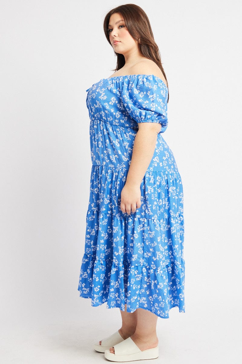 Blue Ditsy Midi Dress Short Sleeve Tiered for YouandAll Fashion