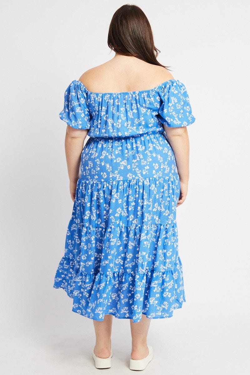 Blue Ditsy Midi Dress Short Sleeve Tiered for YouandAll Fashion