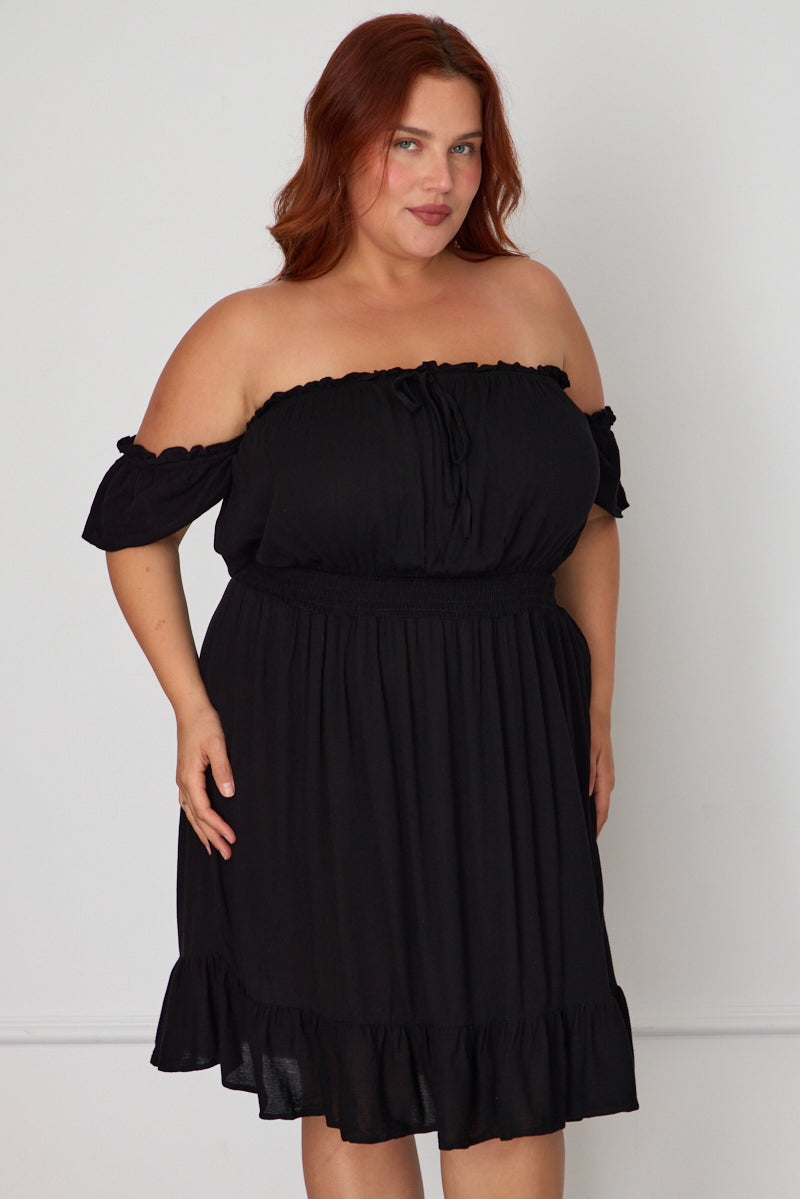 Black Skater Dress Off Shoulder Short Sleeve Ruffle Hem for YouandAll Fashion