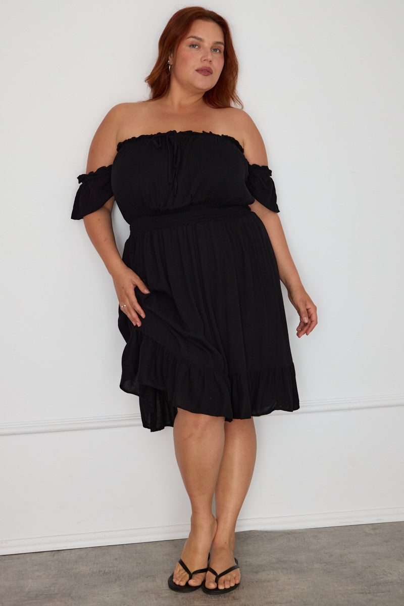Black Skater Dress Off Shoulder Short Sleeve Ruffle Hem for YouandAll Fashion