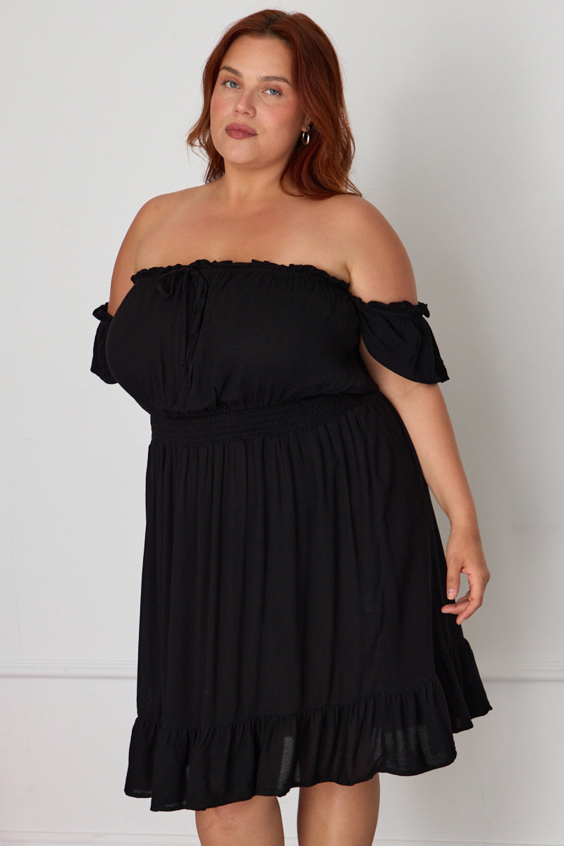 Black Skater Dress Off Shoulder Short Sleeve Ruffle Hem for YouandAll Fashion