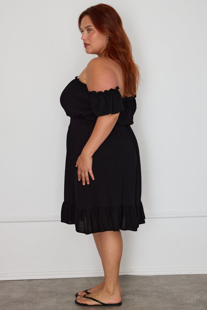 Black Skater Dress Off Shoulder Short Sleeve Ruffle Hem for YouandAll Fashion