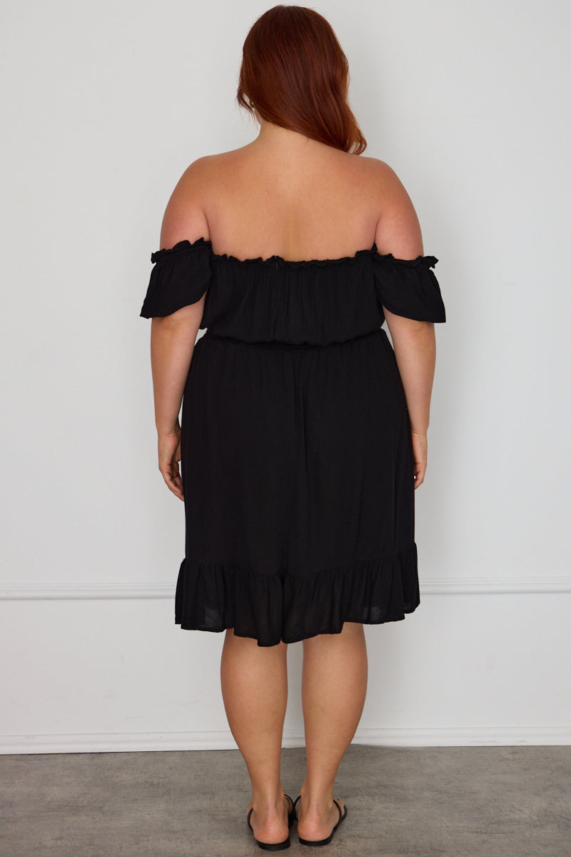 Black Skater Dress Off Shoulder Short Sleeve Ruffle Hem for YouandAll Fashion
