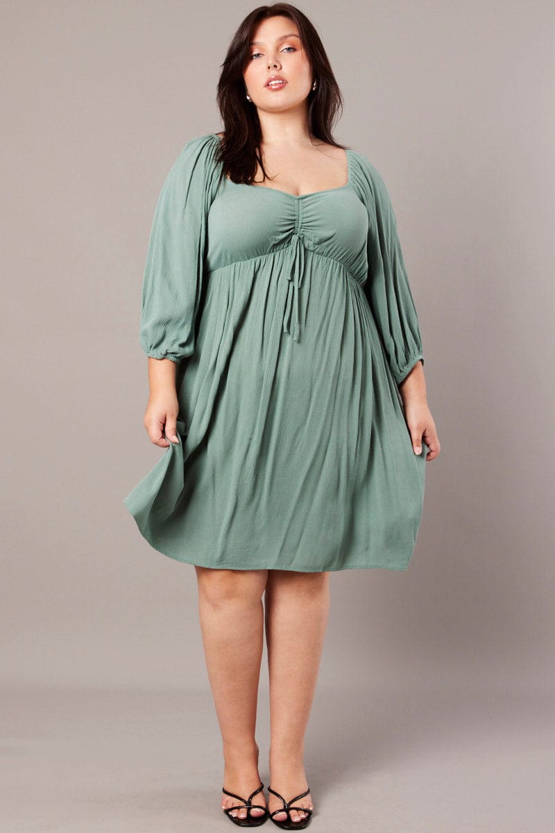 Green Crinkle Ruched Drawstring Mini Dress | You & All Green Crinkle Ruched Drawstring Mini Dress | You & All