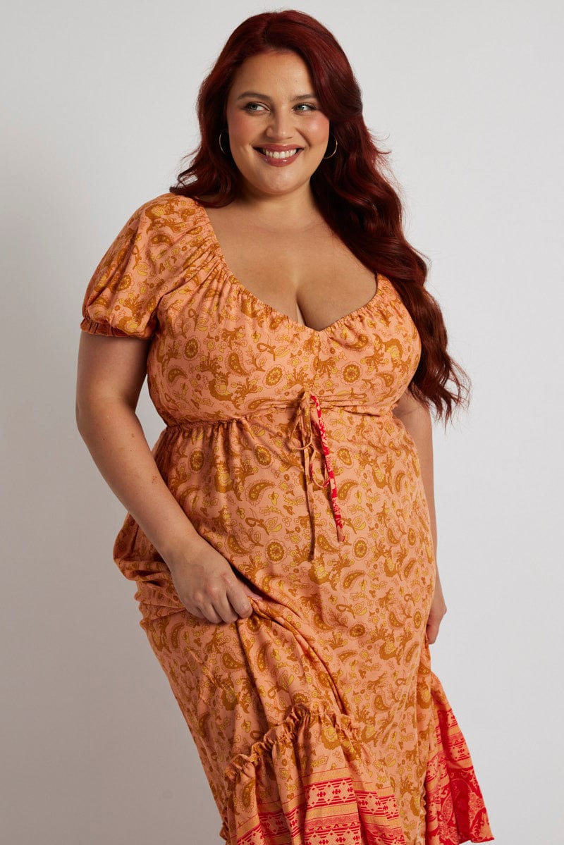 Orange Boho Puff Sleeve Boho Printed Maxi Dress High Low Hem for YouandAll Fashion