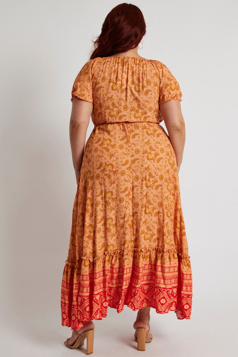 Orange Boho Puff Sleeve Boho Printed Maxi Dress High Low Hem for YouandAll Fashion