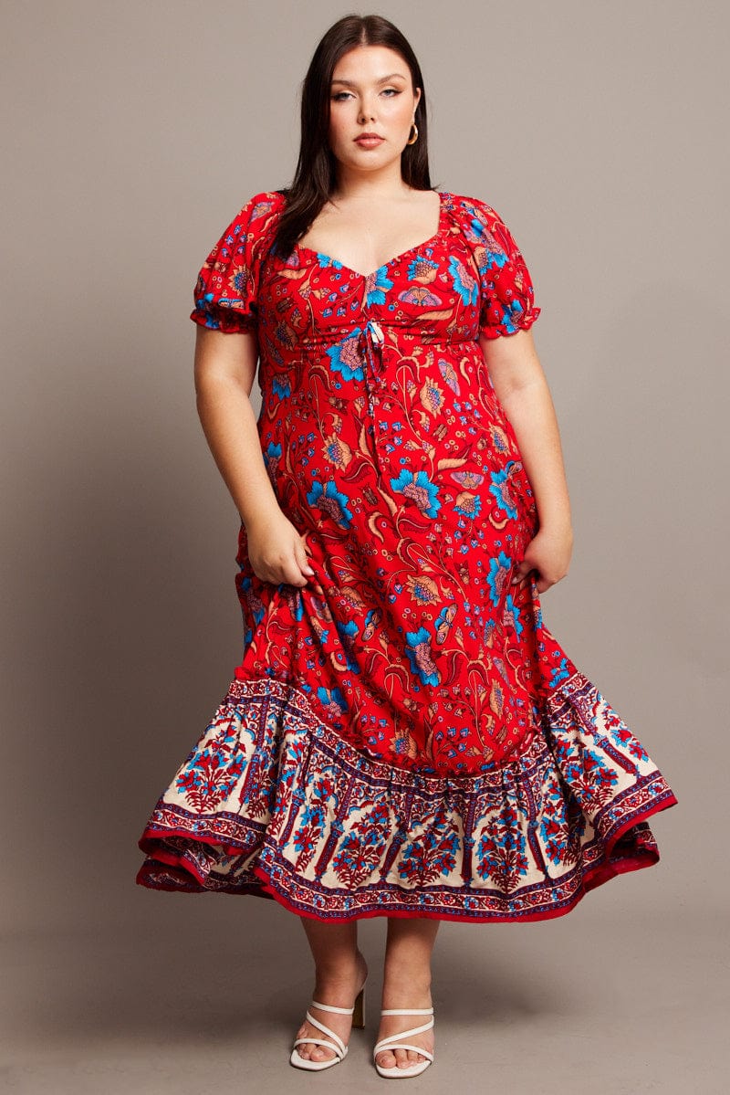 Sleeve Boho Style Clothing Plus Size Red Boho Puff Sleeve Maxi