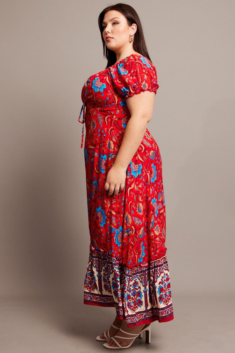 Red Boho Puff Sleeve Maxi Dress High Low Hem for YouandAll Fashion