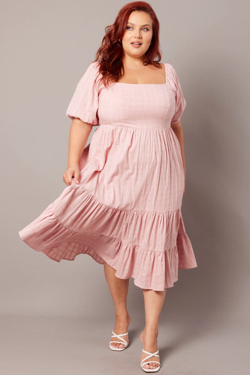 Pink Textured Check Midi Dress for YouandAll Fashion