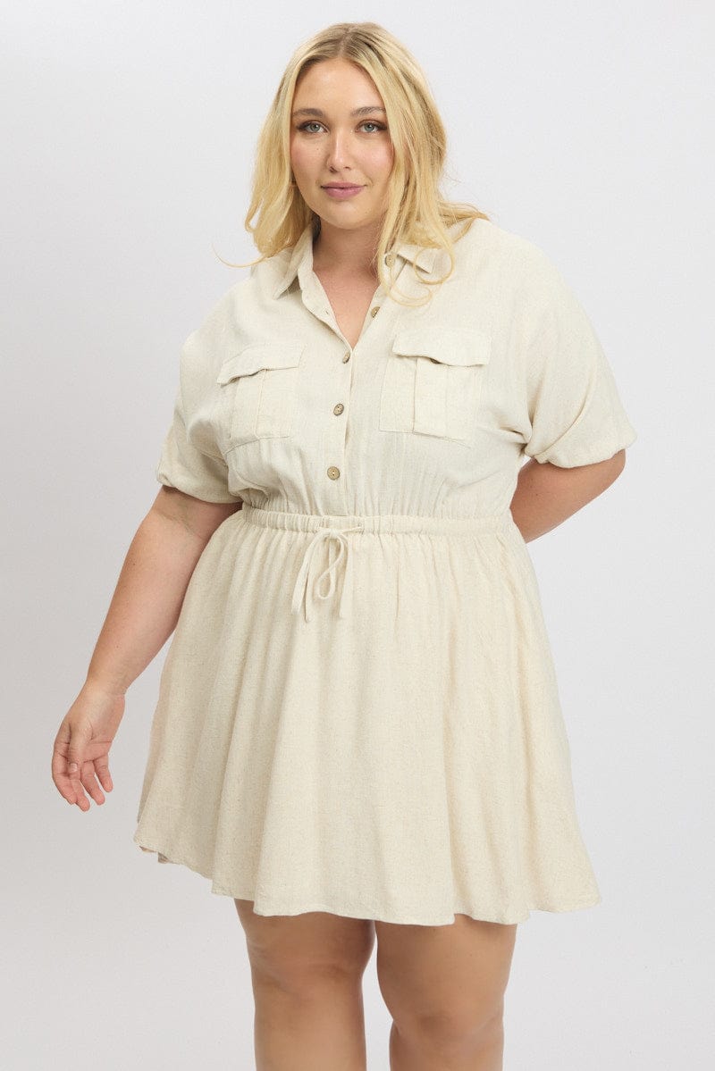 Beige Button Through Linen Blend Shirtdress for YouandAll Fashion