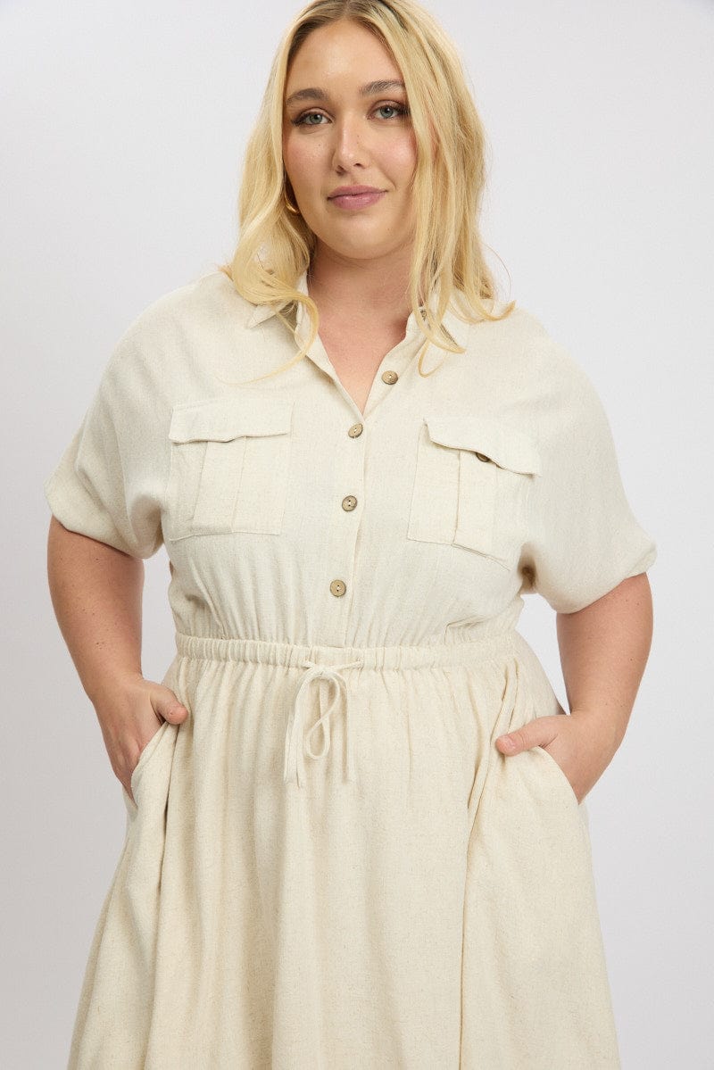 Beige Button Through Linen Blend Shirtdress for YouandAll Fashion