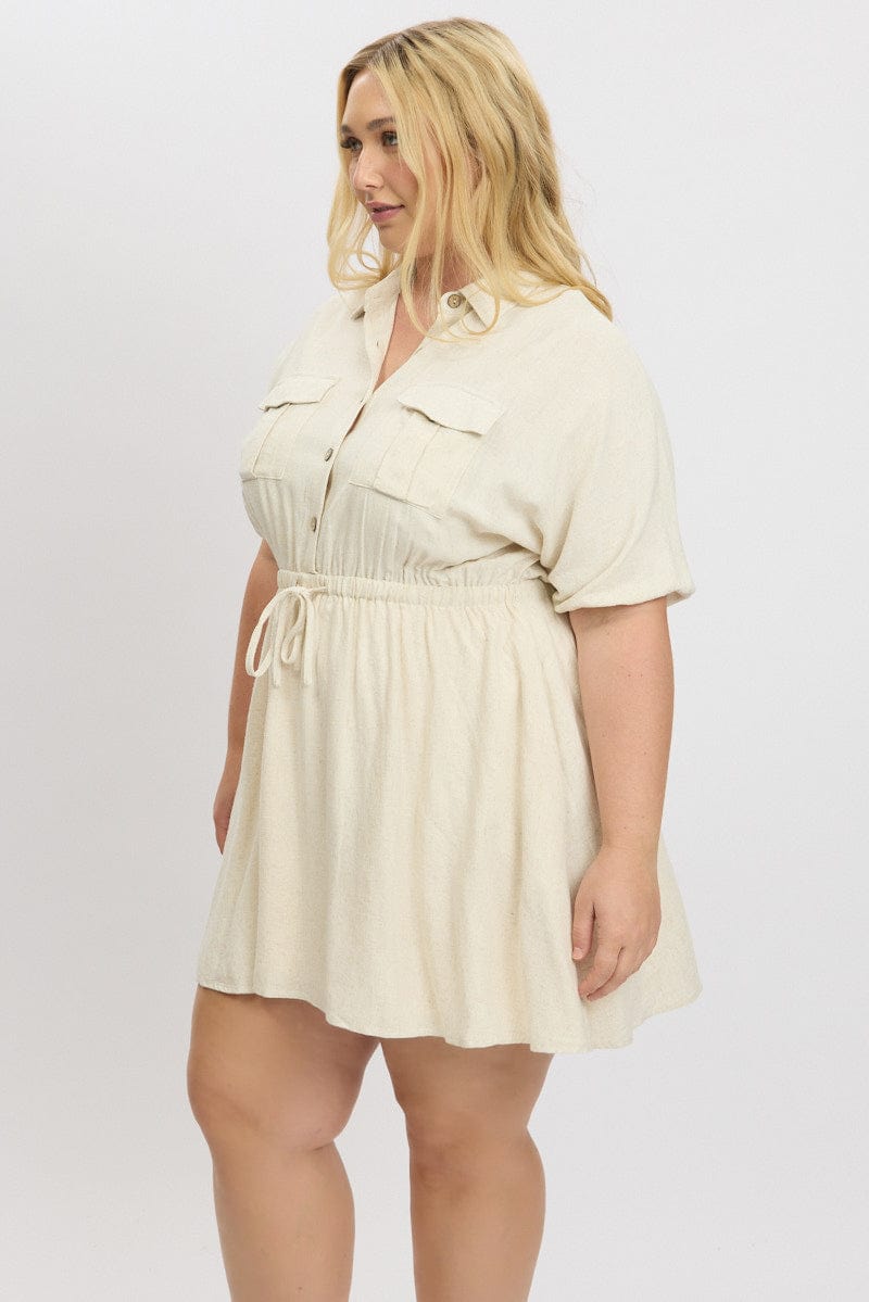 Beige Button Through Linen Blend Shirtdress for YouandAll Fashion