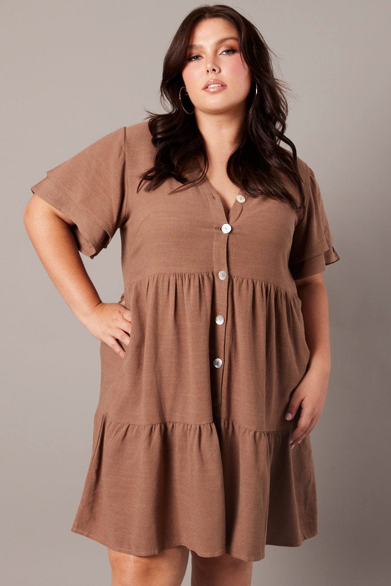 Brown Button Frill Slv Dress for YouandAll Fashion