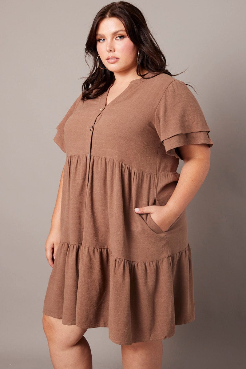 Brown Button Frill Slv Dress for YouandAll Fashion