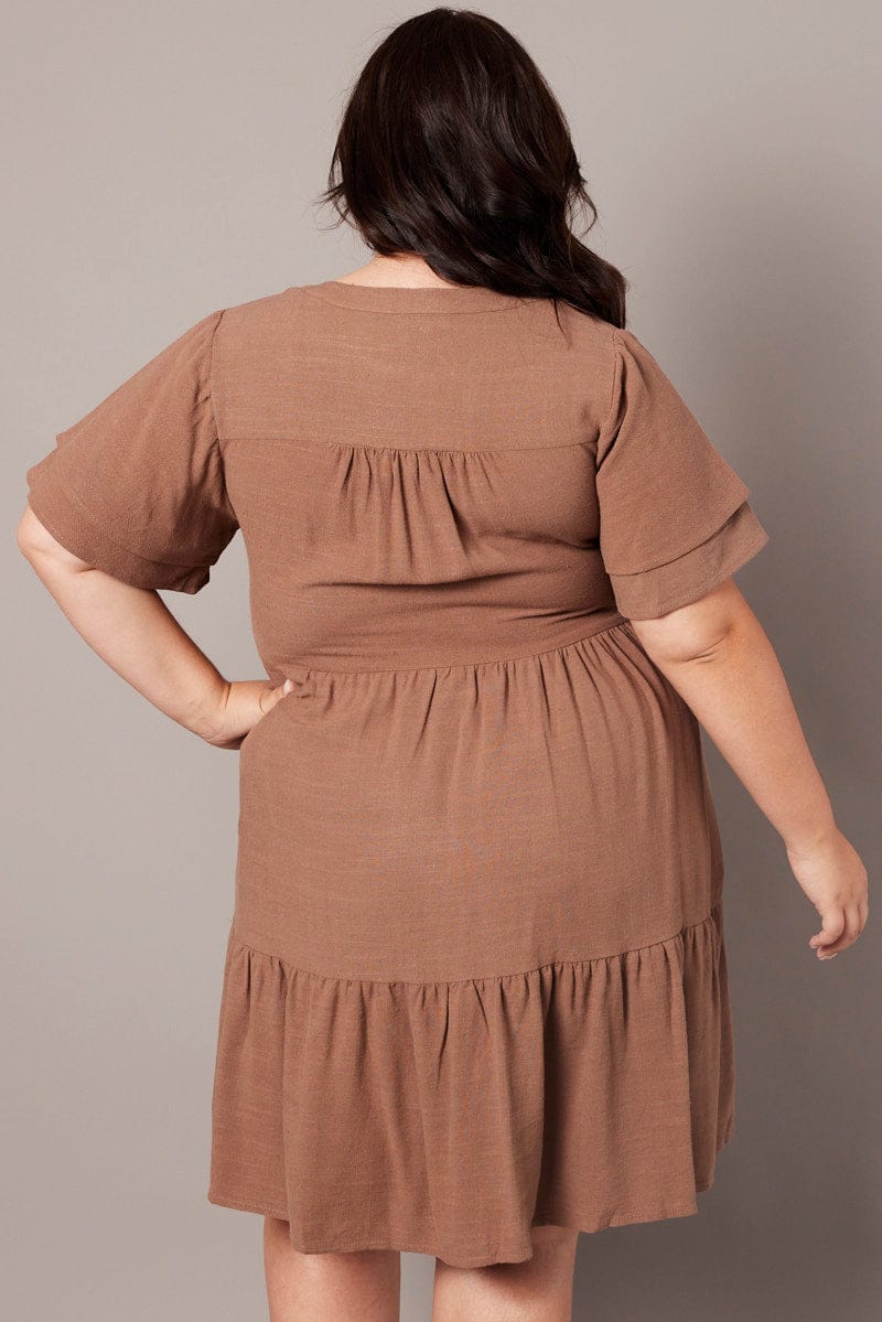 Brown Button Frill Slv Dress for YouandAll Fashion