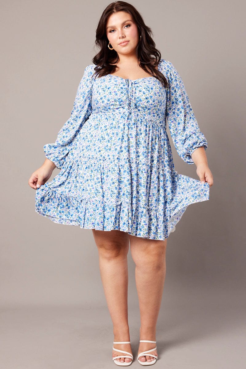Blue Ditsy Long Sleeve Tie Front Ditsy Dress for YouandAll Fashion