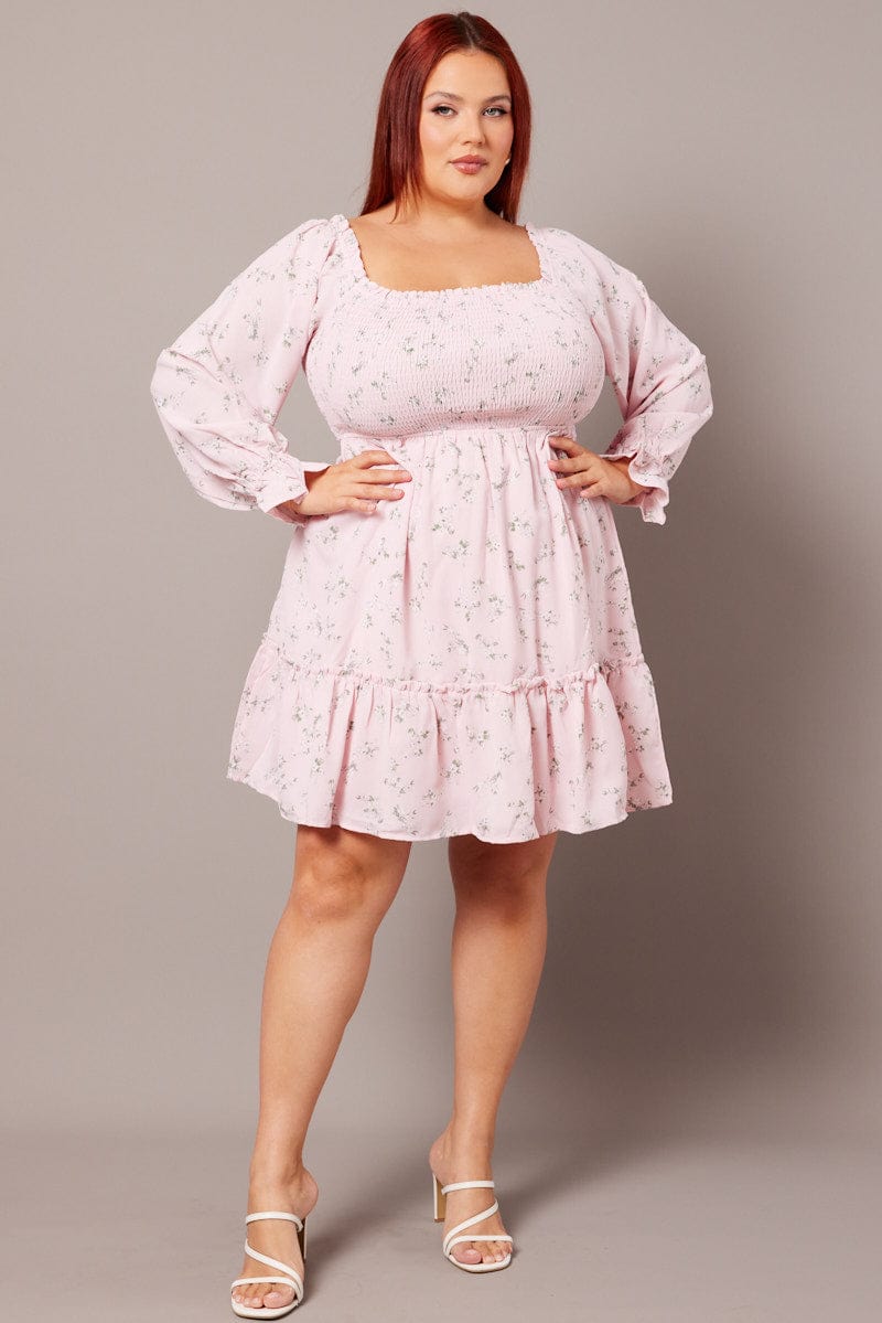 Pink Floral Shirred Bodice Mini Dress for YouandAll Fashion