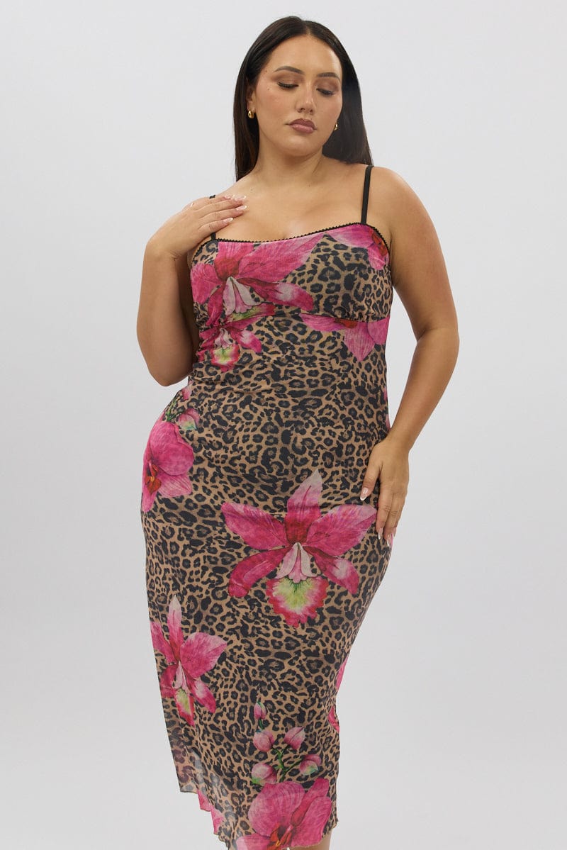 Multi Animal Print Mesh Leopard And Floral Bodycon Trim Dress