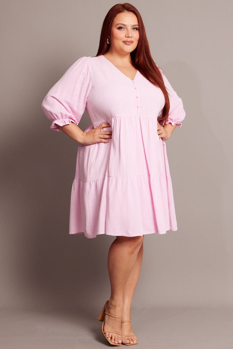 Pink V Neck Button Through Linen Blend Minidress for YouandAll Fashion