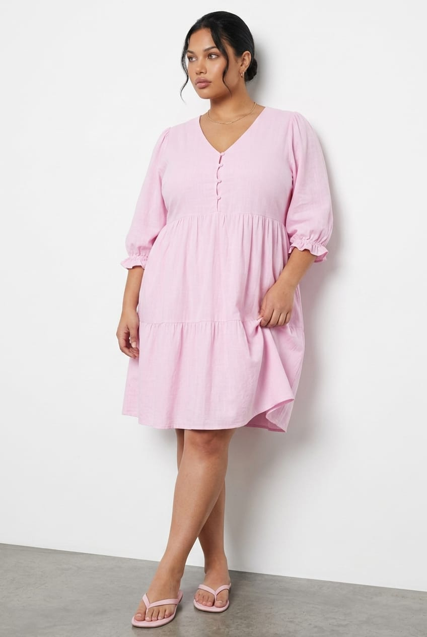 Pink V-neck Button Through Linen Blend Minidress for YouandAll Fashion