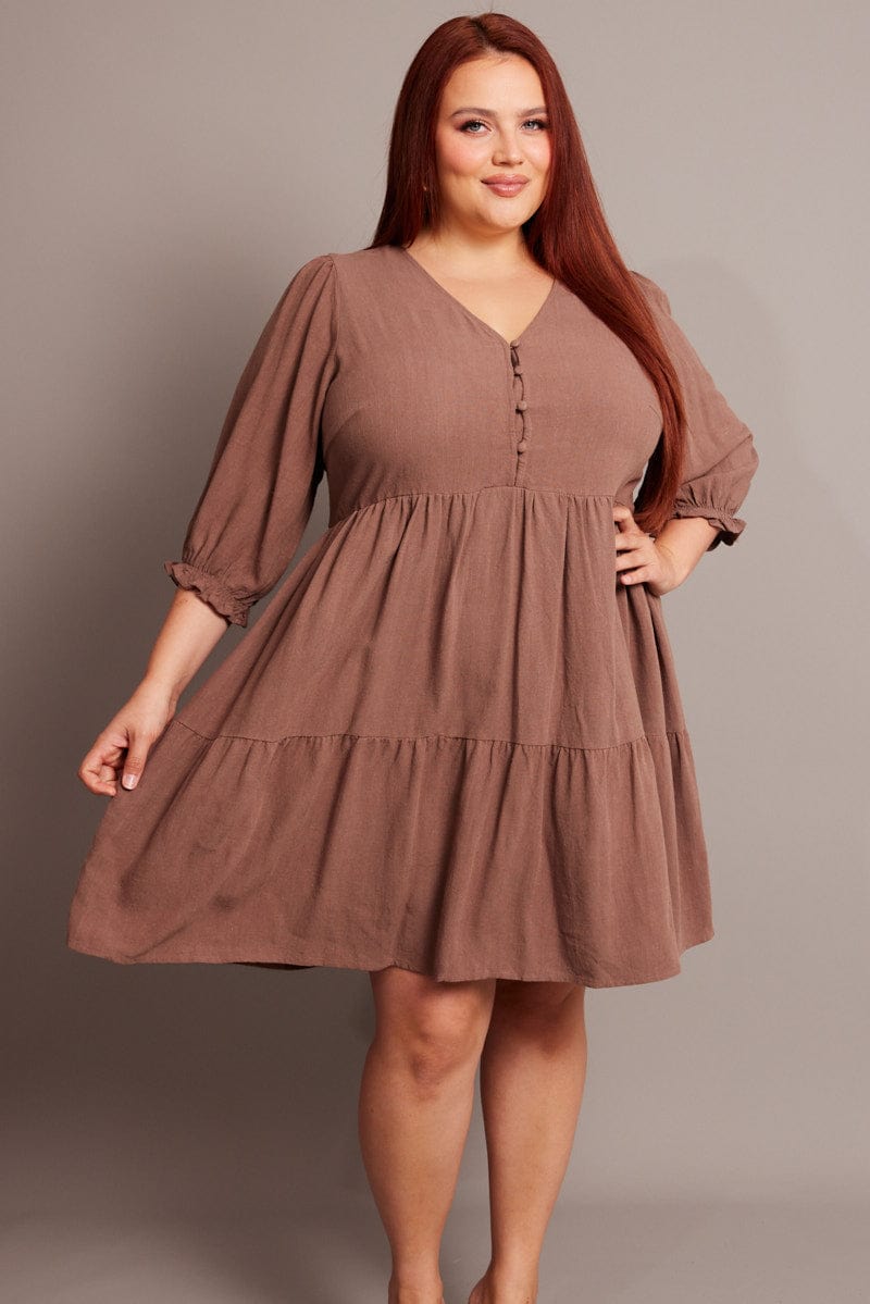 Brown V Neck Button Through Linen Blend Minidress for YouandAll Fashion