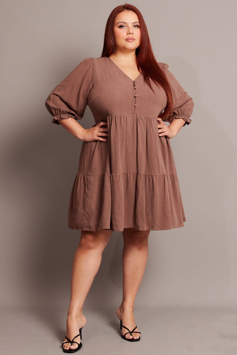 Brown V Neck Button Through Linen Blend Minidress for YouandAll Fashion