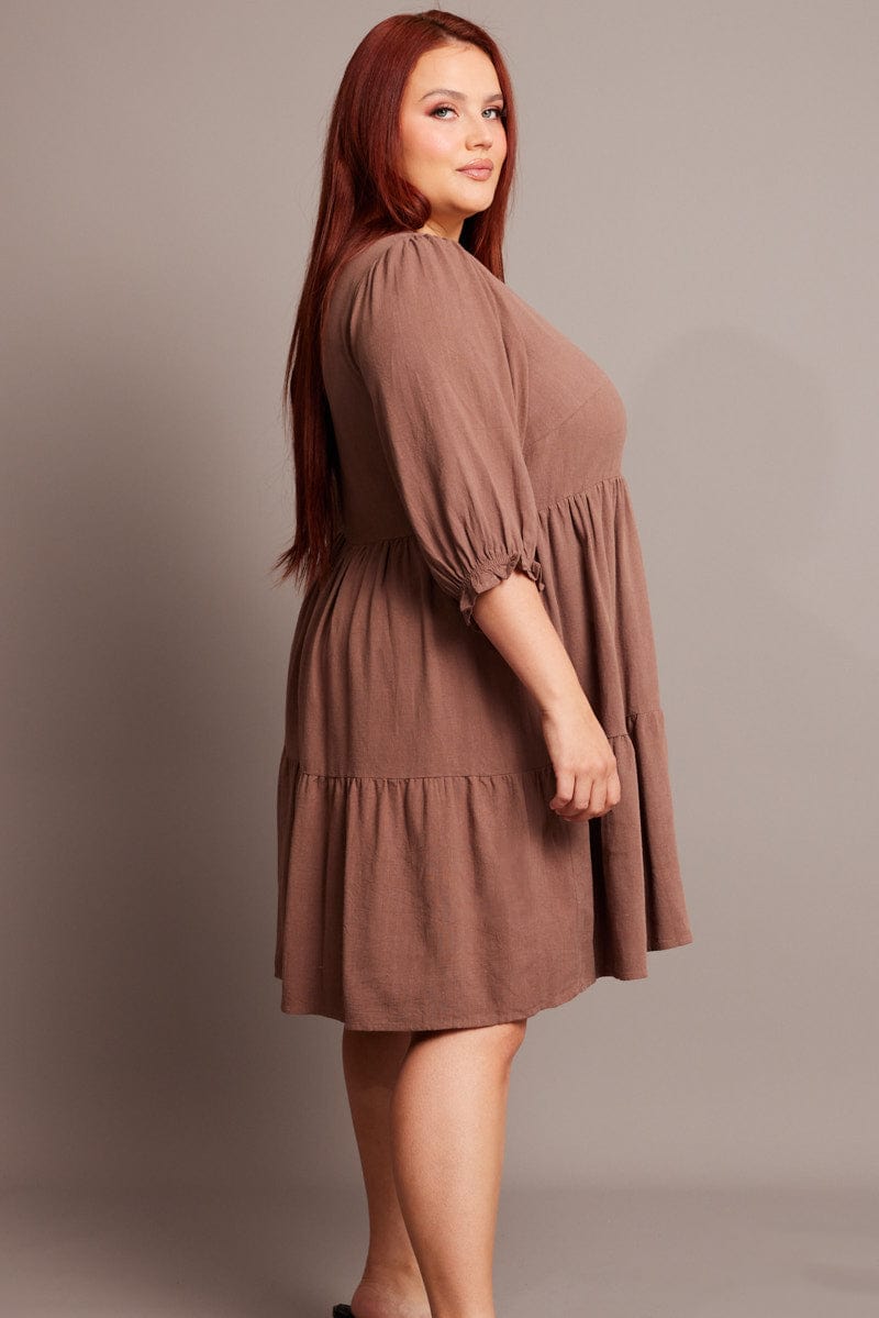 Brown V Neck Button Through Linen Blend Minidress for YouandAll Fashion