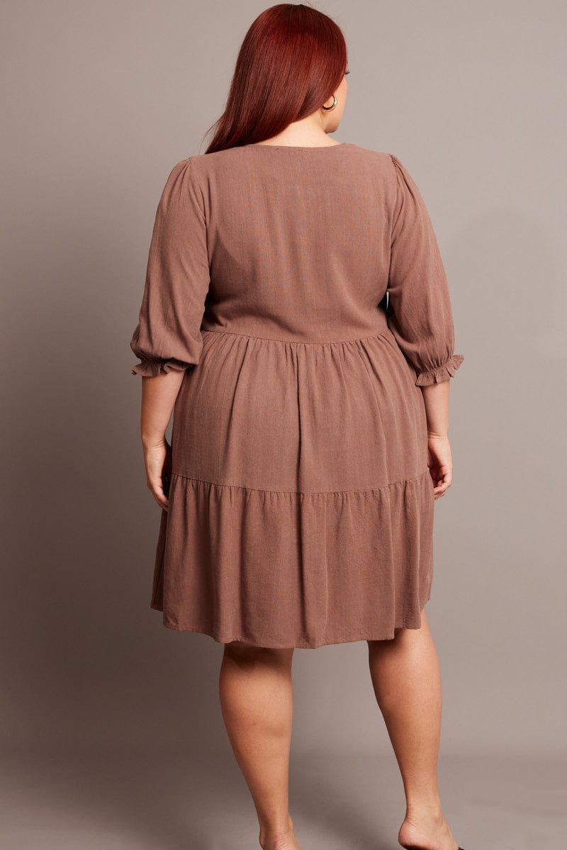 Brown V Neck Button Through Linen Blend Minidress for YouandAll Fashion