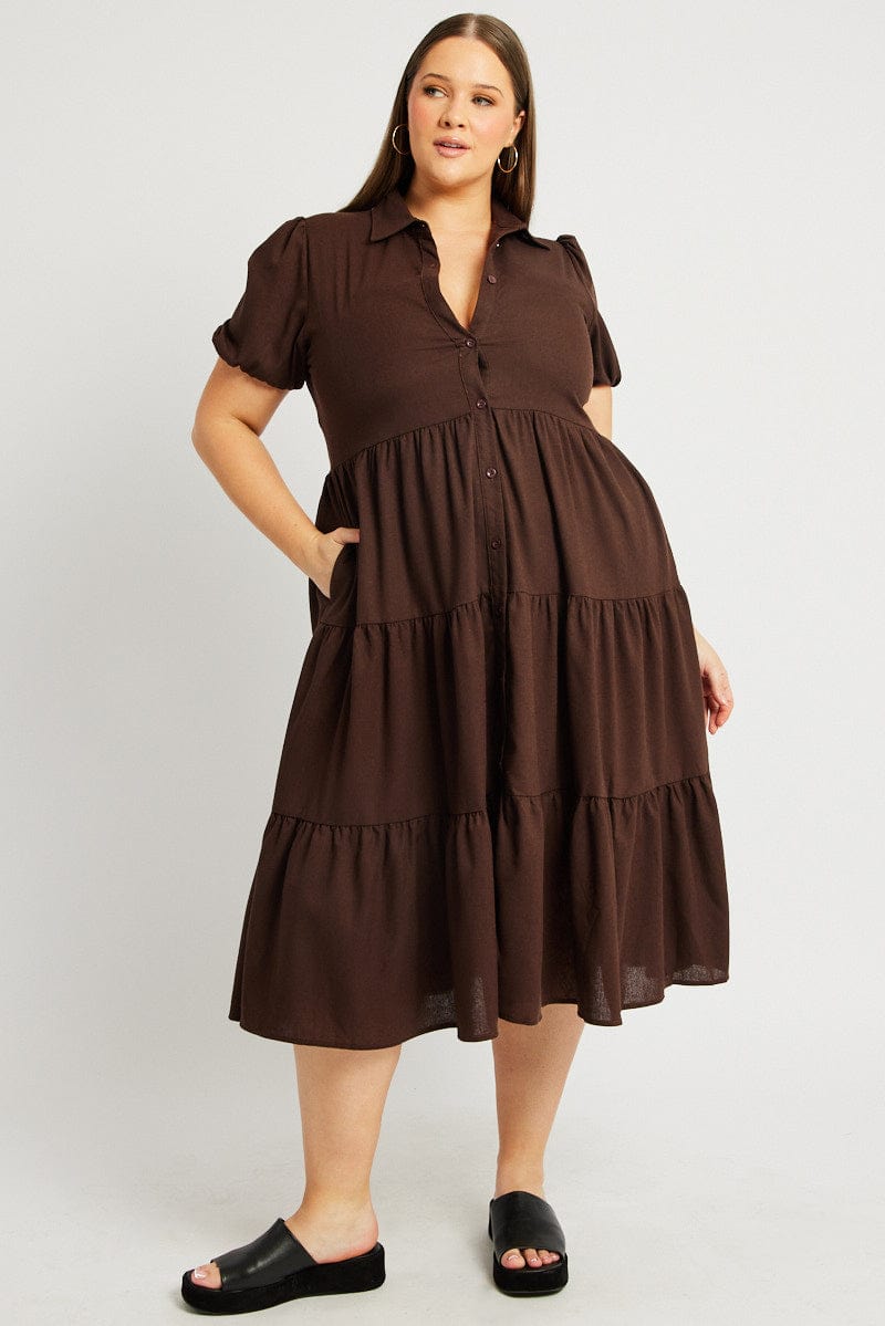 Brown Midi Dress Short Sleeve Shirt for YouandAll Fashion