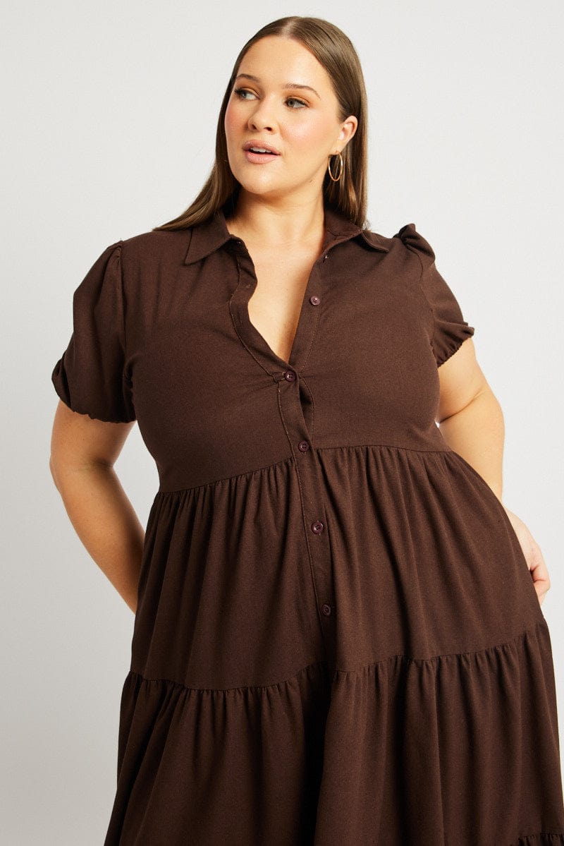 Brown Midi Dress Short Sleeve Shirt for YouandAll Fashion