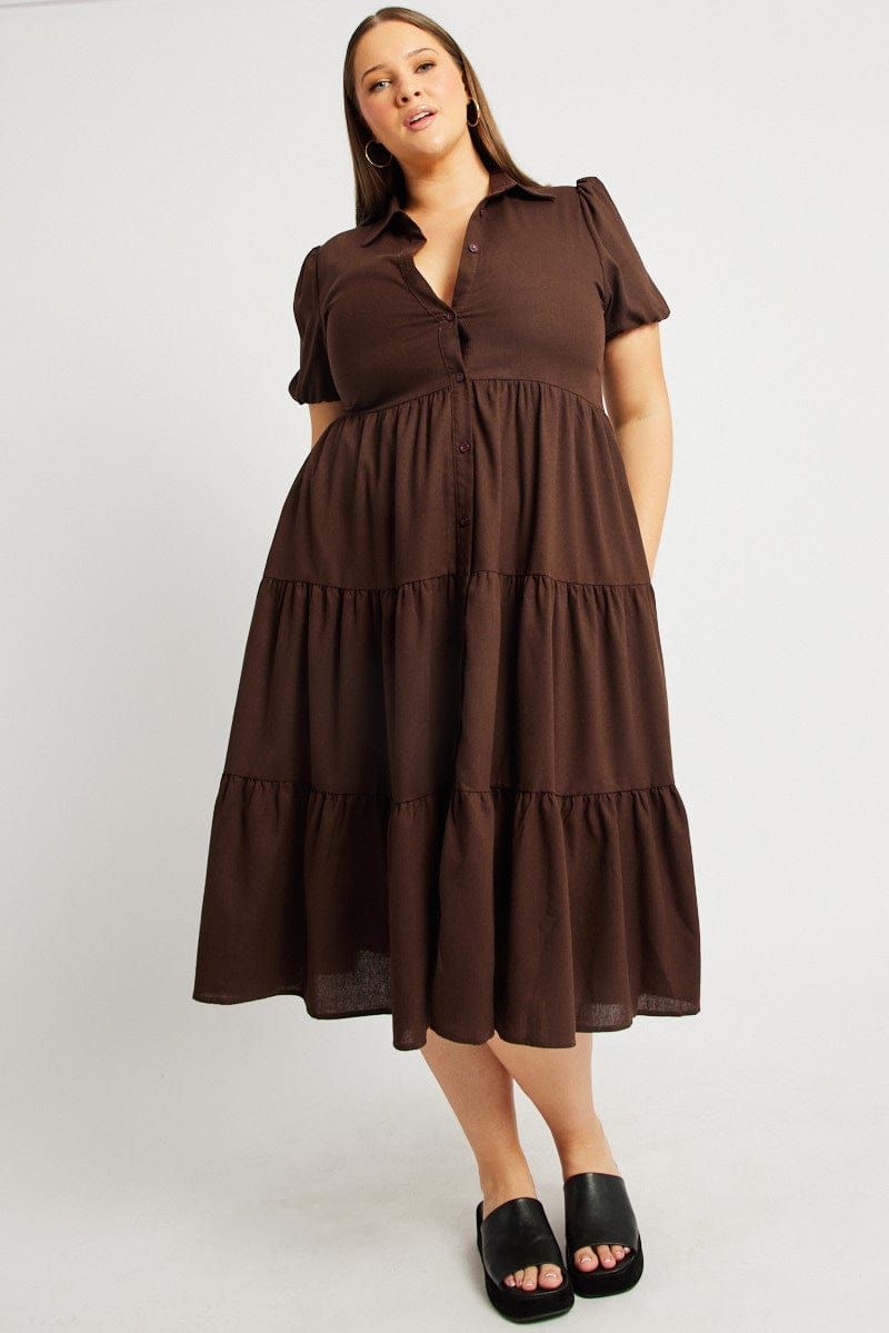 Brown Midi Dress Short Sleeve Shirt for YouandAll Fashion