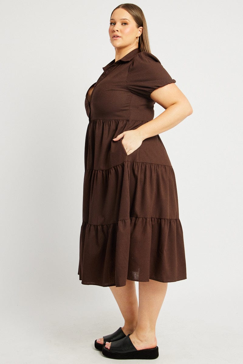 Brown Midi Dress Short Sleeve Shirt for YouandAll Fashion