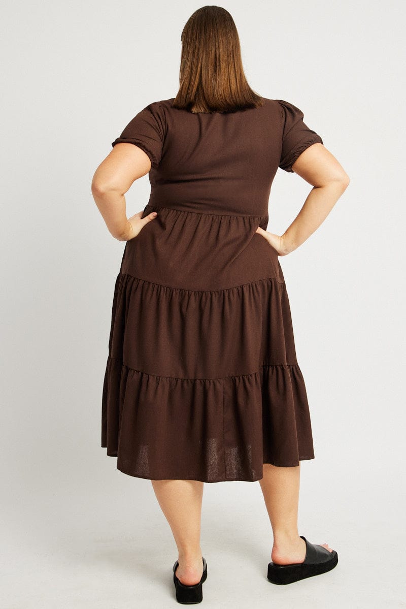 Brown Midi Dress Short Sleeve Shirt for YouandAll Fashion