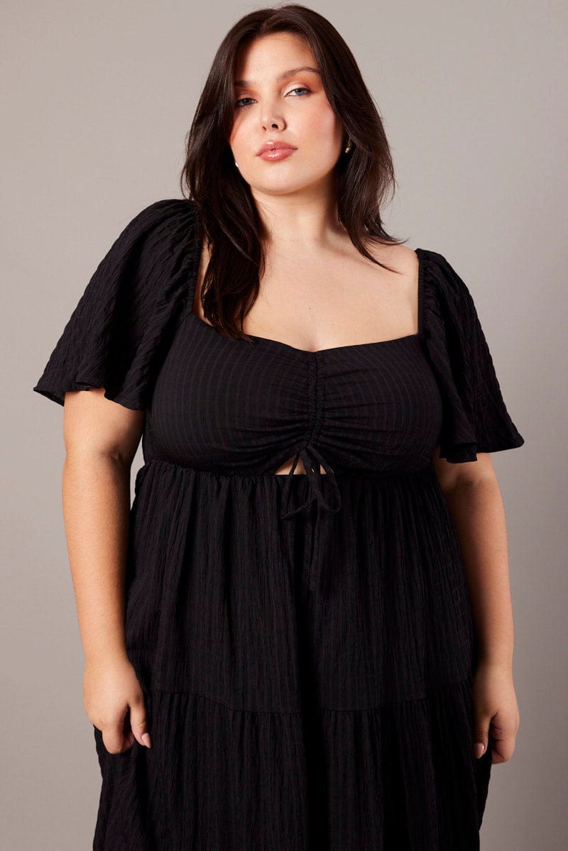 Black Midi Dress Short Sleeve Textured for YouandAll Fashion