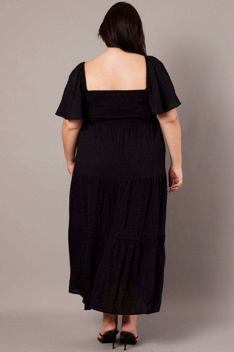Black Midi Dress Short Sleeve Textured for YouandAll Fashion