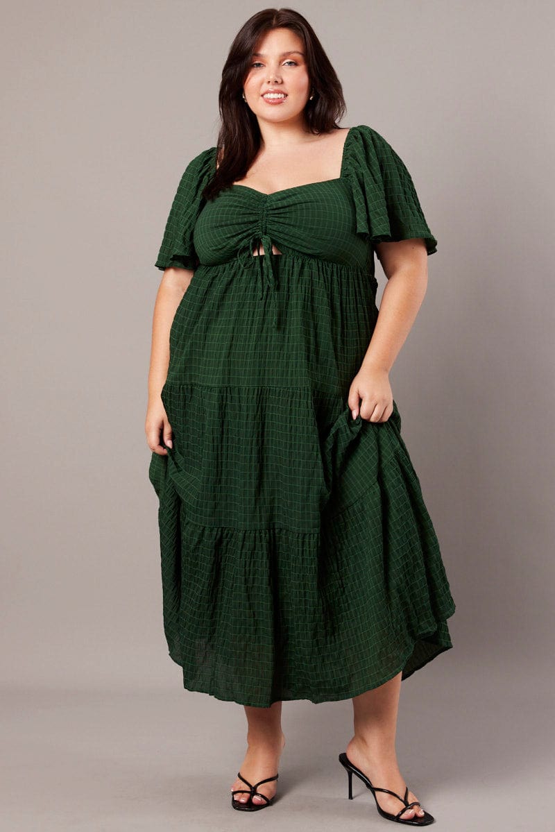 Green Midi Dress Short Sleeve Textured for YouandAll Fashion
