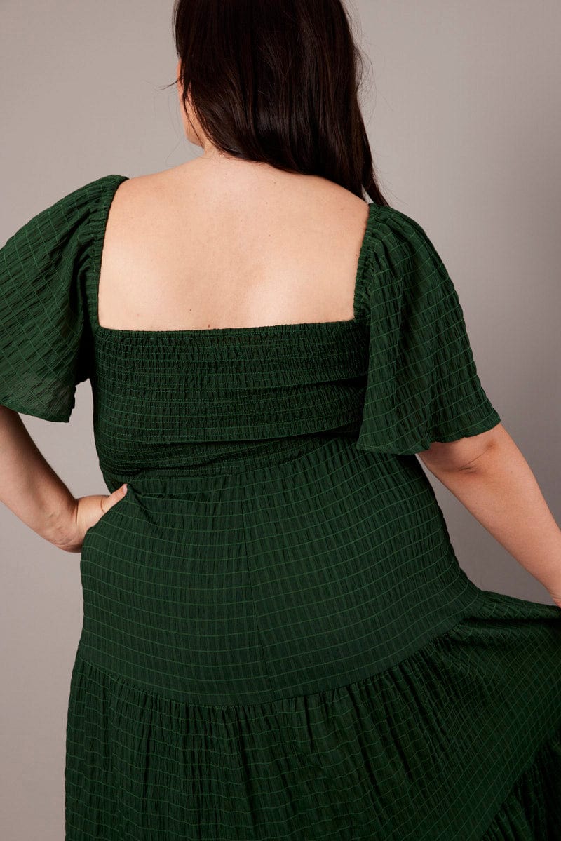 Green Midi Dress Short Sleeve Textured for YouandAll Fashion