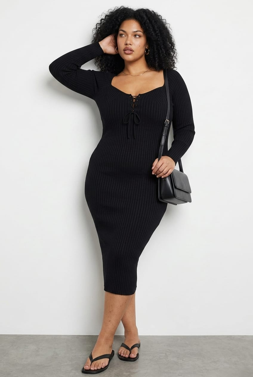 Black Knit Dress Lace Up Front Long Sleeve Rib for YouandAll Fashion