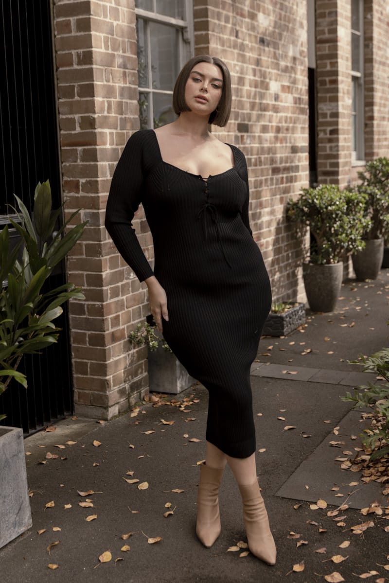 Black Knit Dress Lace Up Front Long Sleeve Rib for YouandAll Fashion