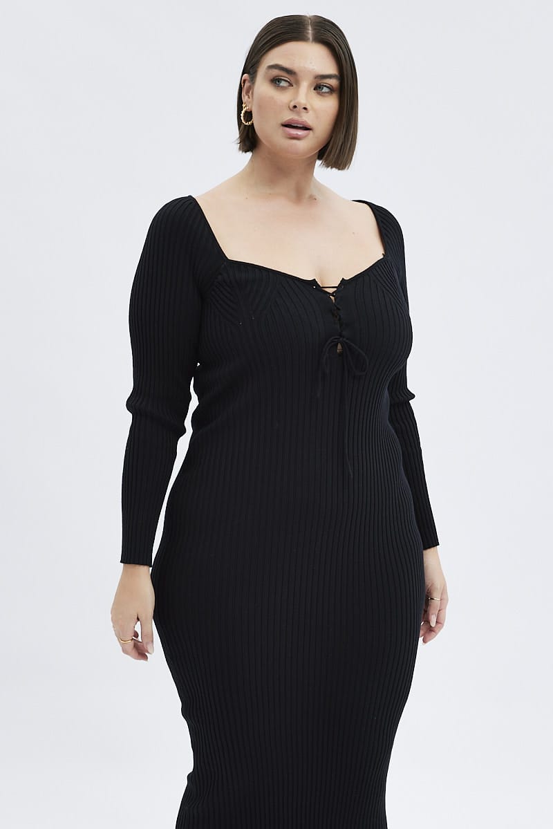 Black Knit Dress Lace Up Front Long Sleeve Rib for YouandAll Fashion