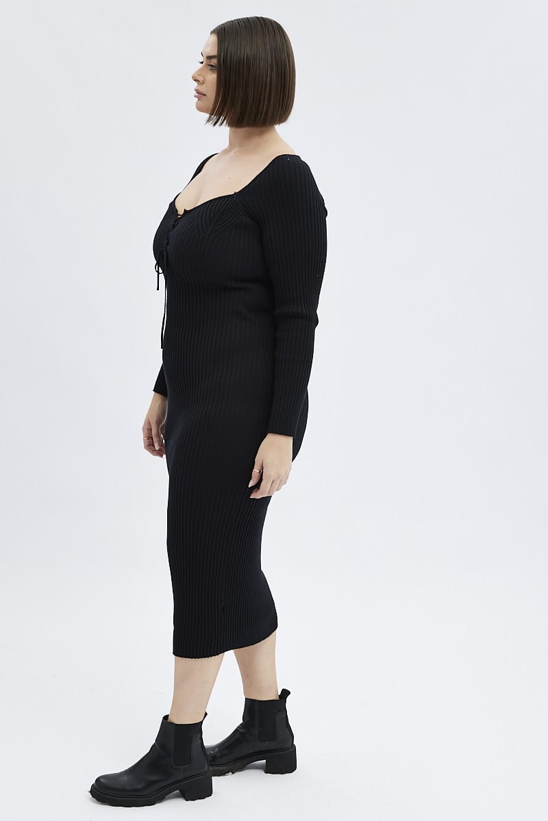 Black Knit Dress Lace Up Front Long Sleeve Rib for YouandAll Fashion