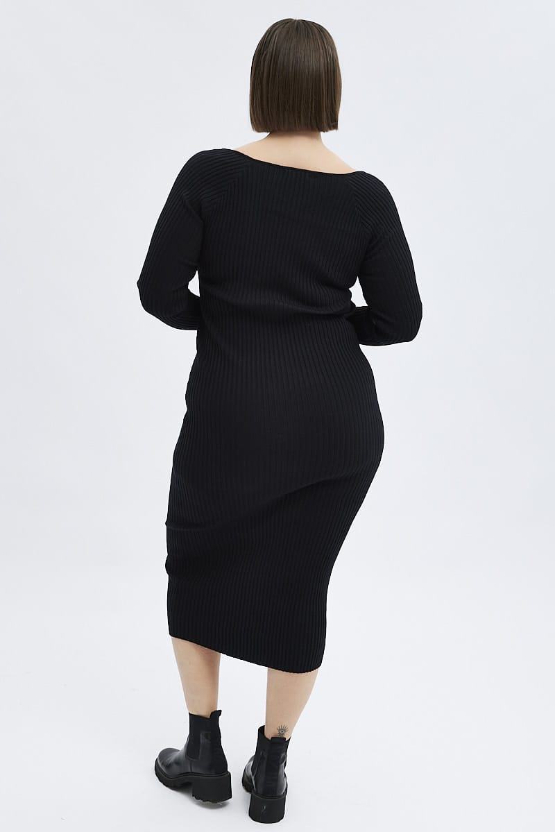 Black Knit Dress Lace Up Front Long Sleeve Rib for YouandAll Fashion