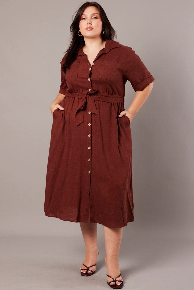 Brown Midi Dress Puff Sleeve Belted With Pockets for YouandAll Fashion