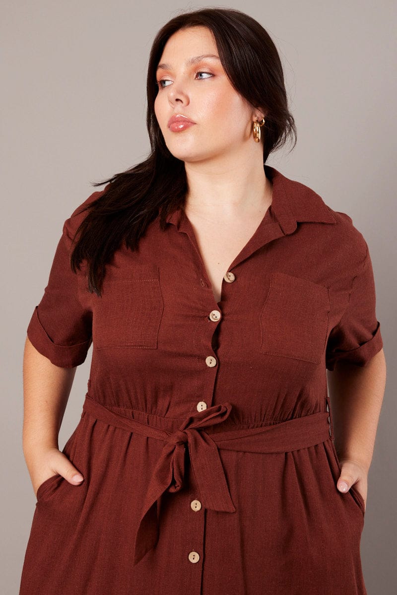 Brown Midi Dress Puff Sleeve Belted With Pockets for YouandAll Fashion