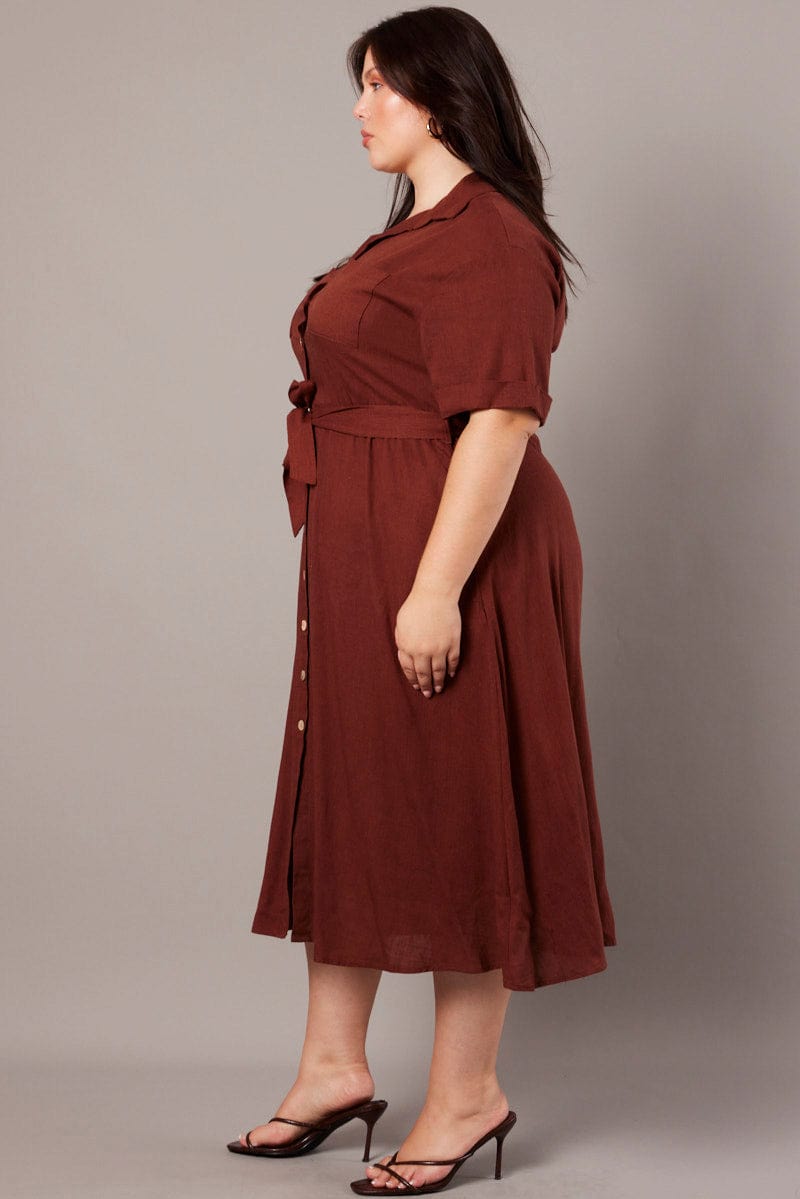 Brown Midi Dress Puff Sleeve Belted With Pockets for YouandAll Fashion