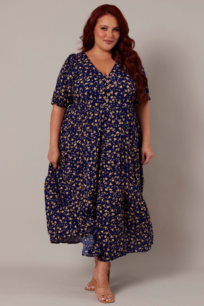 Blue Ditsy Crinkle Button Through Smock Midi Dress for YouandAll Fashion